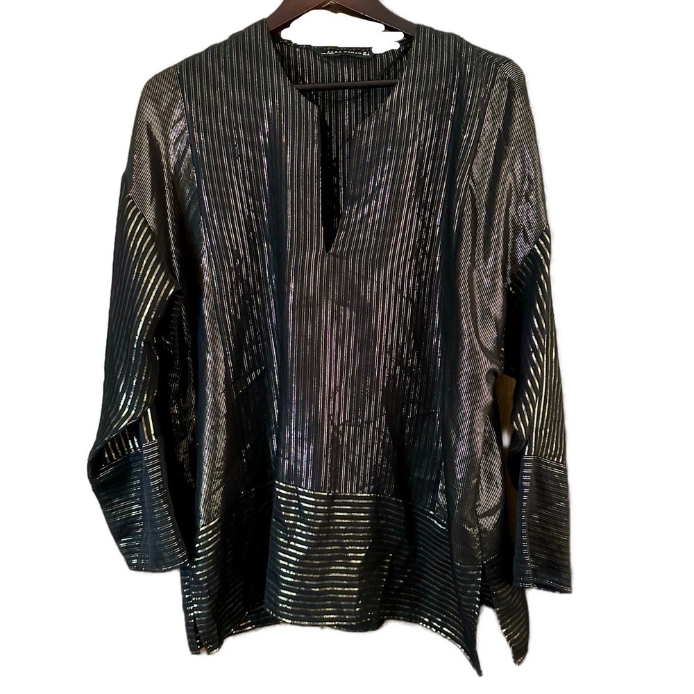 Zara Women’s Top Black Gold Tunic Long Sleeves V-Neck Oversized Lightweight Sz L
